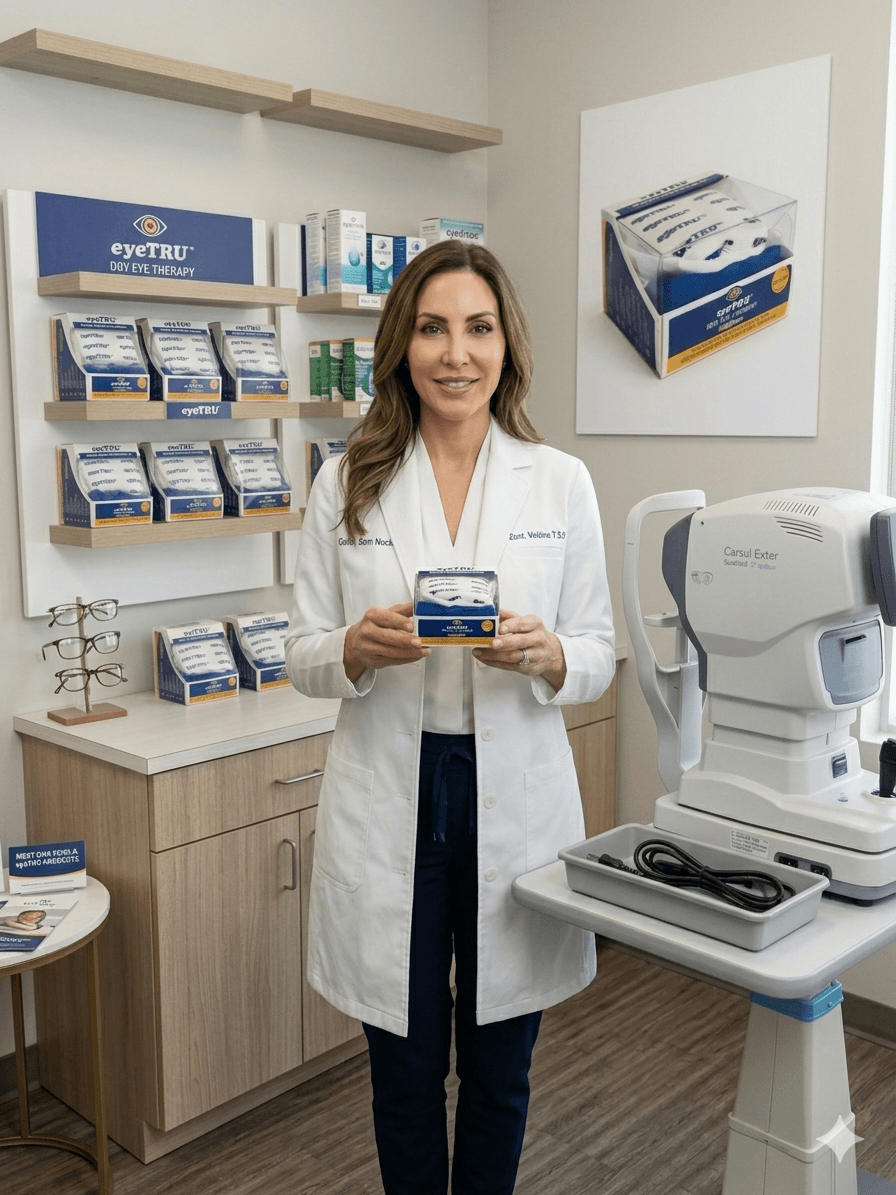 Optometrist holding an EyeTru dry eye mask in a clinical setting